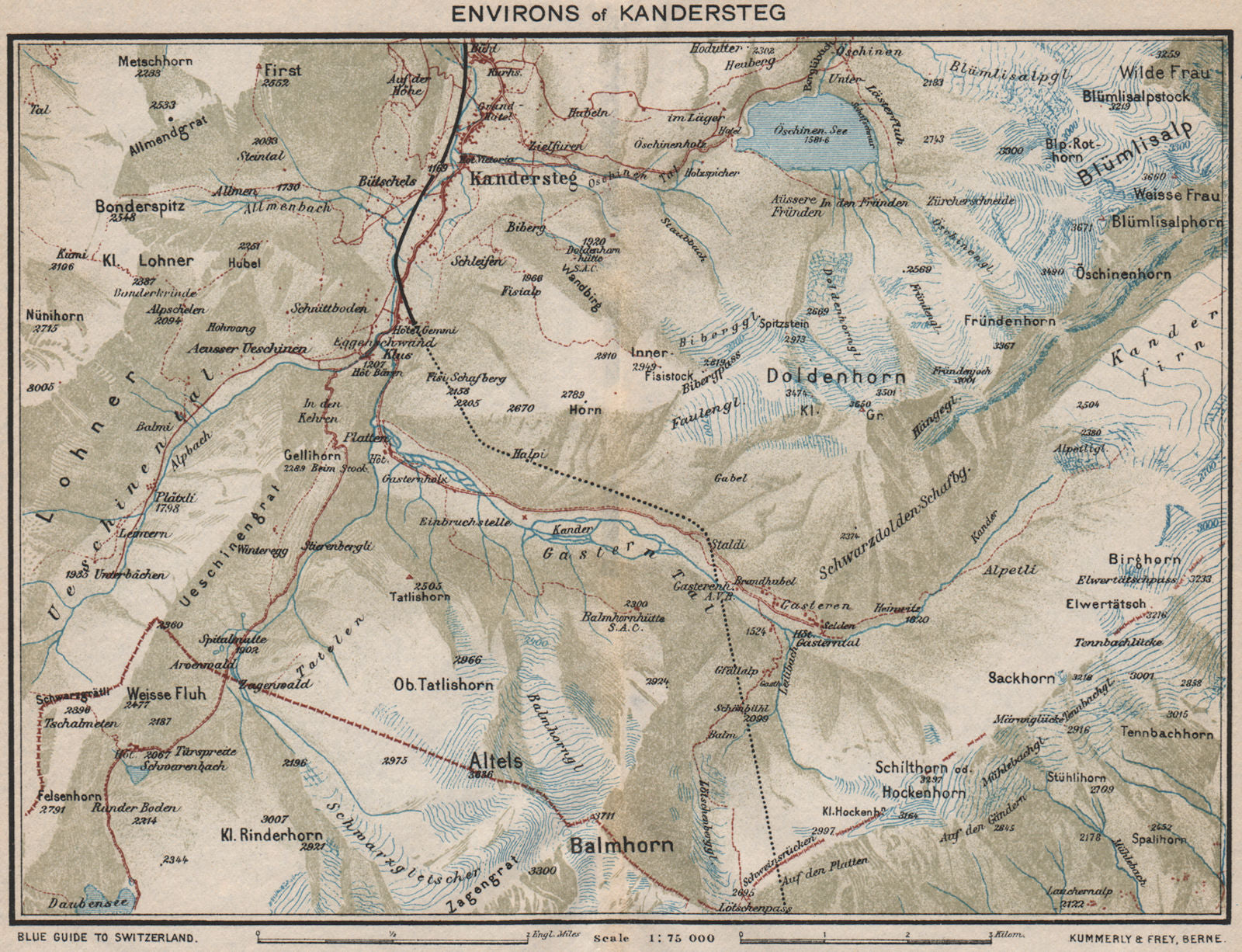 KANDERSTEG ENVIRONS. Blümlisalp Berne Doldenhorn. Vintage map. Switzerland 1930